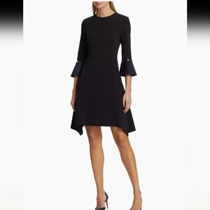 TERI JON by Rickie Freeman Crepe A-line Pearl Trim Midi Dress Size 10 Black